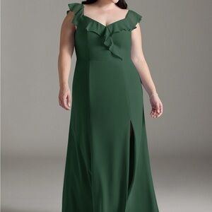Elegant Forest Green Ruffle V-Neck Gown